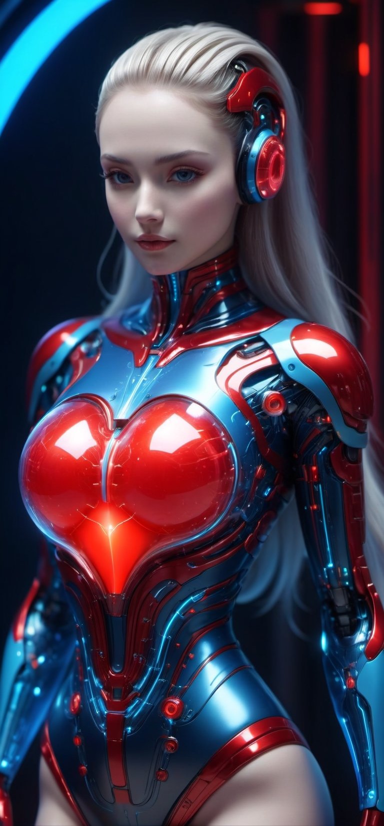 (4k), (Masterpiece), (Top Quality), (Very Complex), (Photorealistic: 1.5), (Realistic), (Sharp Focus), CampurSari_SDXL Alienated Plasma, Body as Part of Human Female, Front facing, full body shot, frontal, (subsurface scattering, transparent, translucent skin, glow, blood neurons in bioluminescent full body suit: 1.1,), mechanical face, beautiful facial design, translucent internal organs, red heart , 7 head long balanced figure, perfect proportions, huge breasts, thin waist, , big butt, crotch gap, thick thighs, 3D style, cyberpunk style, movie stills, Leonardo style, cool Color, Vivid, Volume Light, (Wide Angle Shot), Blue, (Fractal Neuron Background: 1.2),