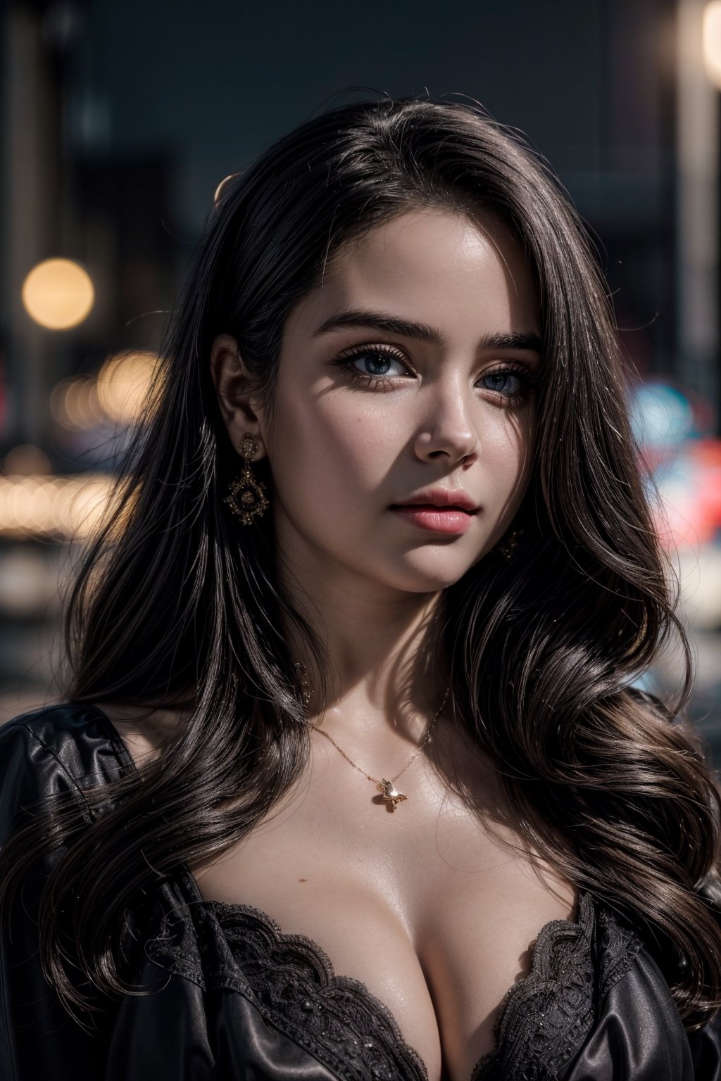 Top quality photo, high resolution, 1080p, masterpiece, rich details, (highest quality photo), (8K, raw, highest quality, masterpiece), (Photorealistic: 1.5), one girl, close-up of face , (Face details: 1.2), Cute, Looking at the viewer, Looking straight ahead, Beautiful face, Detailed face, Huge breasts, Cleavage, Sexy, Sexy, Background is a night city, dark city, long road , shallow depth of field, perspective, backlighting,