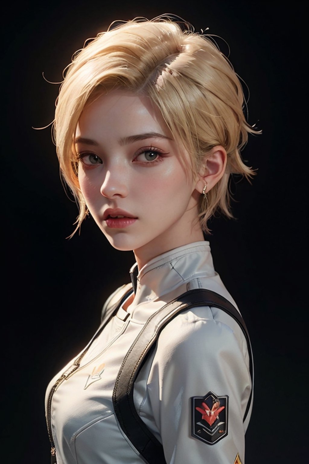 a 20 yo woman, blonde, mercy from overwatch, (hi-top fade:1.3), dark theme, soothing tones, muted colors, high contrast, (natural skin texture, hyperrealism, soft light, sharp)