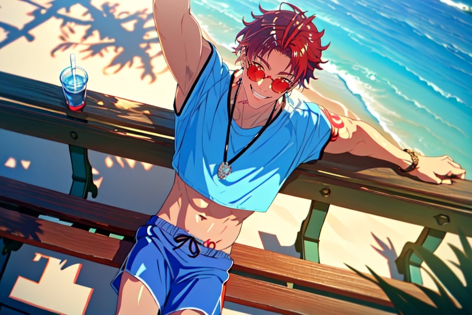 masterpiece,best quality,highly detailed character,1boy,solo,male focus,allen_sugasano,red hair, sun glasses, tattoo, summer theme,beach,blue shorts,underarm t-shirt,abs,smile,happy,sun bathing on the bench,shiny body,depth of field,pov,from above,aesthetic