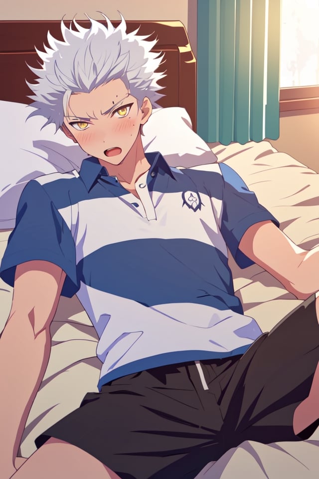 masterpiece,best quality,highly detailed character,1boy,solo,wolf_blood_lad, white hair, yellow eyes, spiked hair, striped shirt, slightly open clothes, black shorts, lying on back, bed, ((widen eyes)), indoors, blush ,open mouth,  looking at viewer