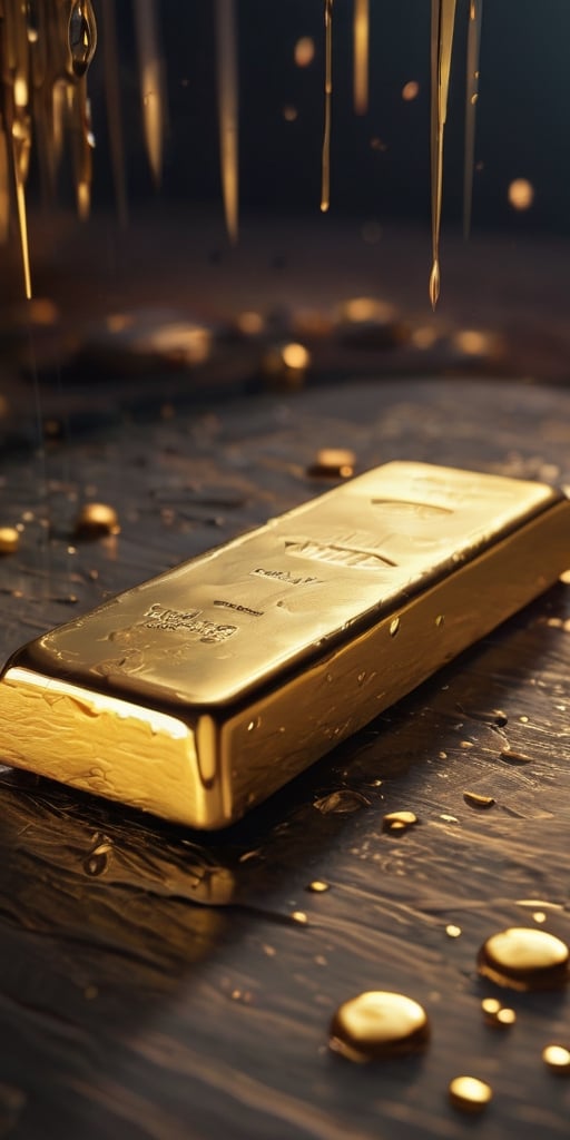 A high-quality macro image of a gleaming gold bar, each droplet catching the light in a mesmerizing display. The motion blur adds a sense of dynamic movement to this ultra-realistic 8K rendering. The gold bar is adorned with intricate textures, giving it an iridescent and luminescent sheen that defies belief.

Instead of a Broken Glass effect, envision the gold bar with a pristine and flawless surface, untouched by imperfections. Its breathtaking beauty and pure perfection are reminiscent of a divine presence, making it unforgettable and deeply impressive. Volumetric light surrounds the gold bar, casting ethereal auras and radiant rays that reflect vivid colors, creating an otherworldly atmosphere. These colors twinkle like fireflies and are accompanied by glittering starbursts with trailing sparks, adding a sense of fantasy and wonder.

There is no complex background; the focus is solely on the gold bar's captivating presence. The lighting is dynamic, emphasizing its intricate details and highlighting the contours with a cinematic flair. This rendering is highly detailed, showcasing the gold bar's cute and adorable filigree design.

In the style of artists like WLOP and Greg Rutkowski, this image combines extravagant imagination with an exaggerated sense of wonder. Imagine the gold bar resting in an ancient, enchanted palm forest, surrounded by fireflies casting a neon ambiance. The surroundings are abstract, with hints of black oil and detailed acrylic strokes, adding grunge and intricate complexity to the scene. Rendered in Unreal Engine, this photorealistic art captures the essence of a magical realm, a masterpiece of digital artistry.

The gold bar is portrayed as a tiny, caricatured creature, akin to cool graffiti style, with a fisheye perspective and a vanishing point vignetting effect. Caustics playfully dance around its surface, adding to the overall enchantment. The result is a 32K ultra HD rendering that is both surreal and realistic, with vivid colors and incredible detail.

In the vein of artists like Ralph Horsley, this image is a high-detail, saturated, and light-contrasted masterpiece. The gold bar's surface, though small, is intricate and factured, capturing the viewer's attention with its cinematic quality. This UHD drawing, reminiscent of pen and ink, is perfectly composed, with beautiful, detailed, and insanely intricate octane render elements that are currently trending on ArtStation.

This artwork is a combination of photorealistic concept art and soft, natural, volumetric cinematic lighting, reminiscent of Jean-Baptiste Monge's style. The gold bar is showcased in a splash close-up, with rim lighting that adds to its magic and surreal beauty. The digital artistry draws inspiration from the likes of WLOP, Artgerm, and James Jean, delivering sharpness, gloss, and ultra HD detail in vivid colors.

This UHD drawing is a true masterpiece that combines photorealistic elements with the fantastical, making it a breathtaking work of art that captures the imagination.