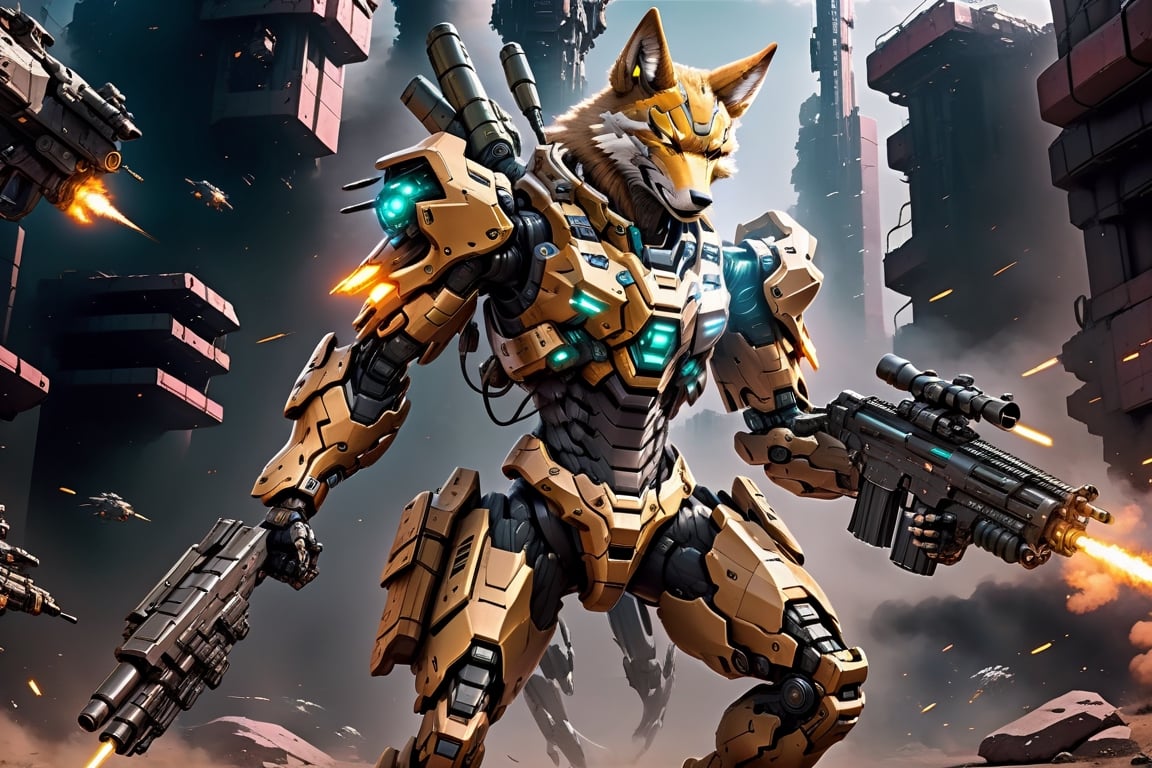 Futuristic battle cyborg male wild Coyote,
cyberpunk style military suit,
high-tech military design,
,mecha, A scene where you are shooting a gun at countless enemies