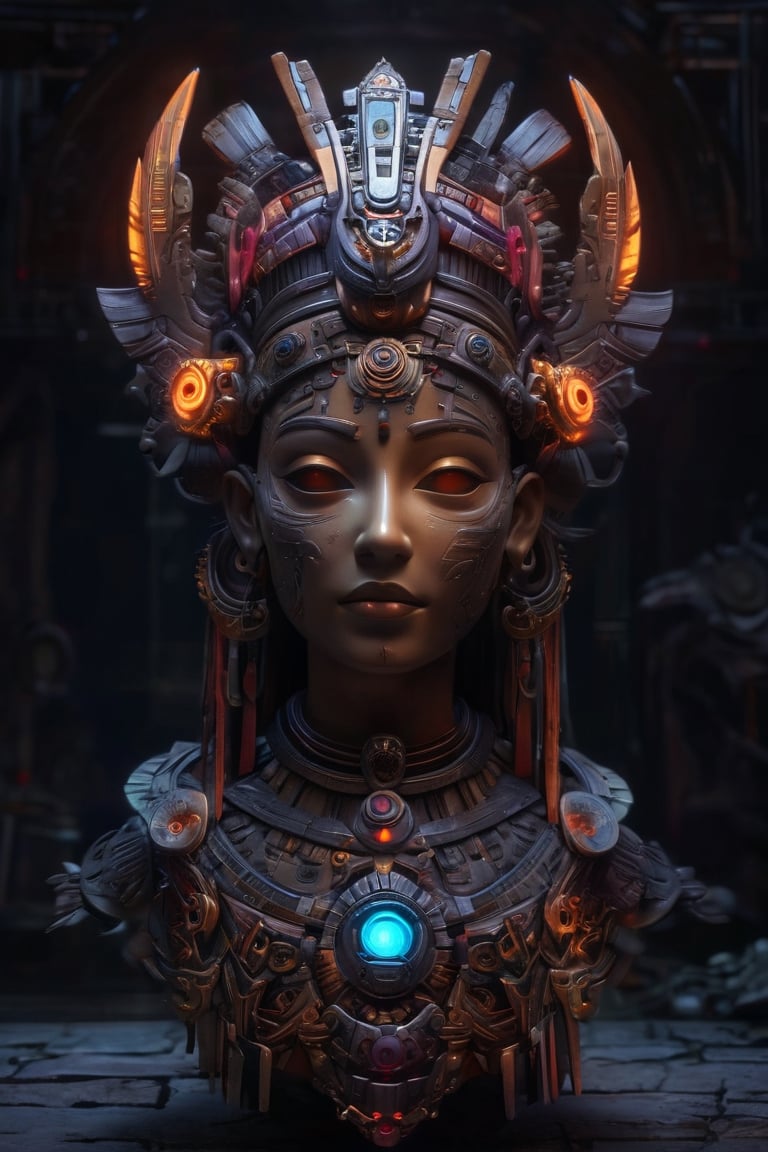 masterpiece hyperdetailed ,realistic ,ancient goddess full body, cyberpunk Aztec mask ((vm1)) ,glowing digital wires and tubes,glowing gems, glowing eyes, detailed cybernetic brain, (even studio lighting) no shadows, 8k, Cinematic,volumetric lighting ,magic glow