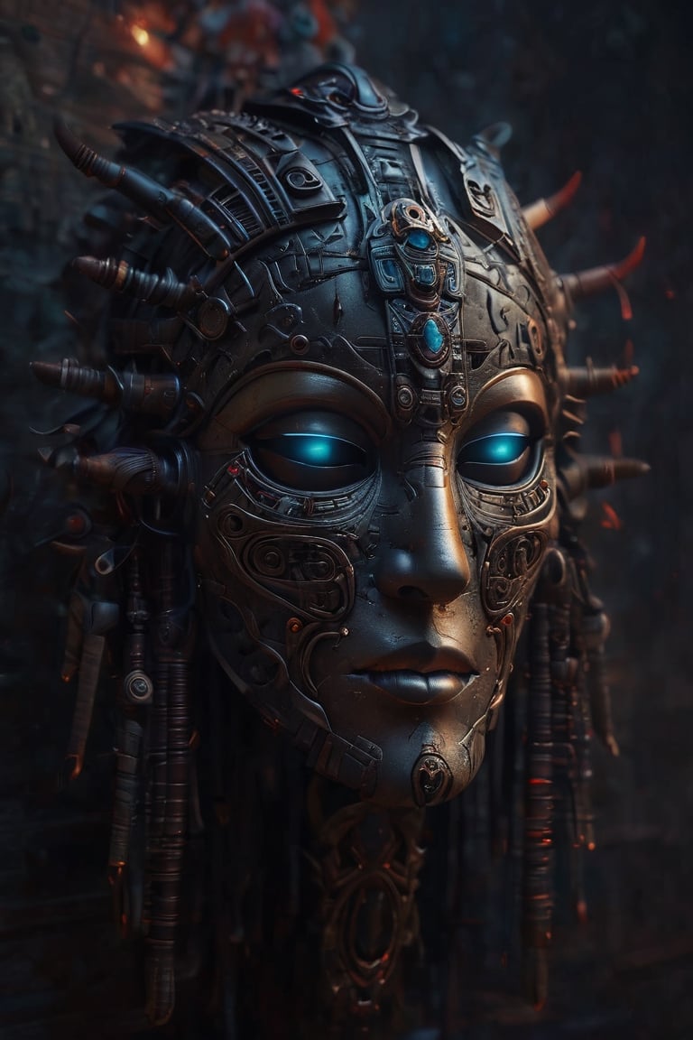 Cinematic masterpiece hyperdetailed ,realistic ,ancient goddess of death, 1/2 body dynamic pose,((cyberpunk (((Aztec mask vm1))) ,glowing digital wires and tubes,glowing gems, glowing eyes, detailed cybernetic brain)), 8k, volumetric lighting ,magic glow