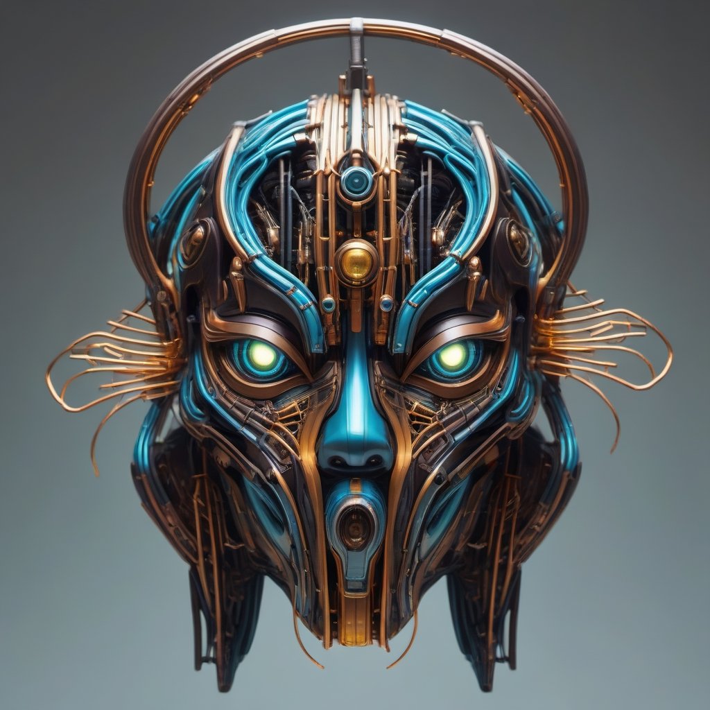 symmetrical cyberpunk Egyptian mask ((vm1)) ,digital wires and tubes, front facing simple background (even studio lighting) no shadows