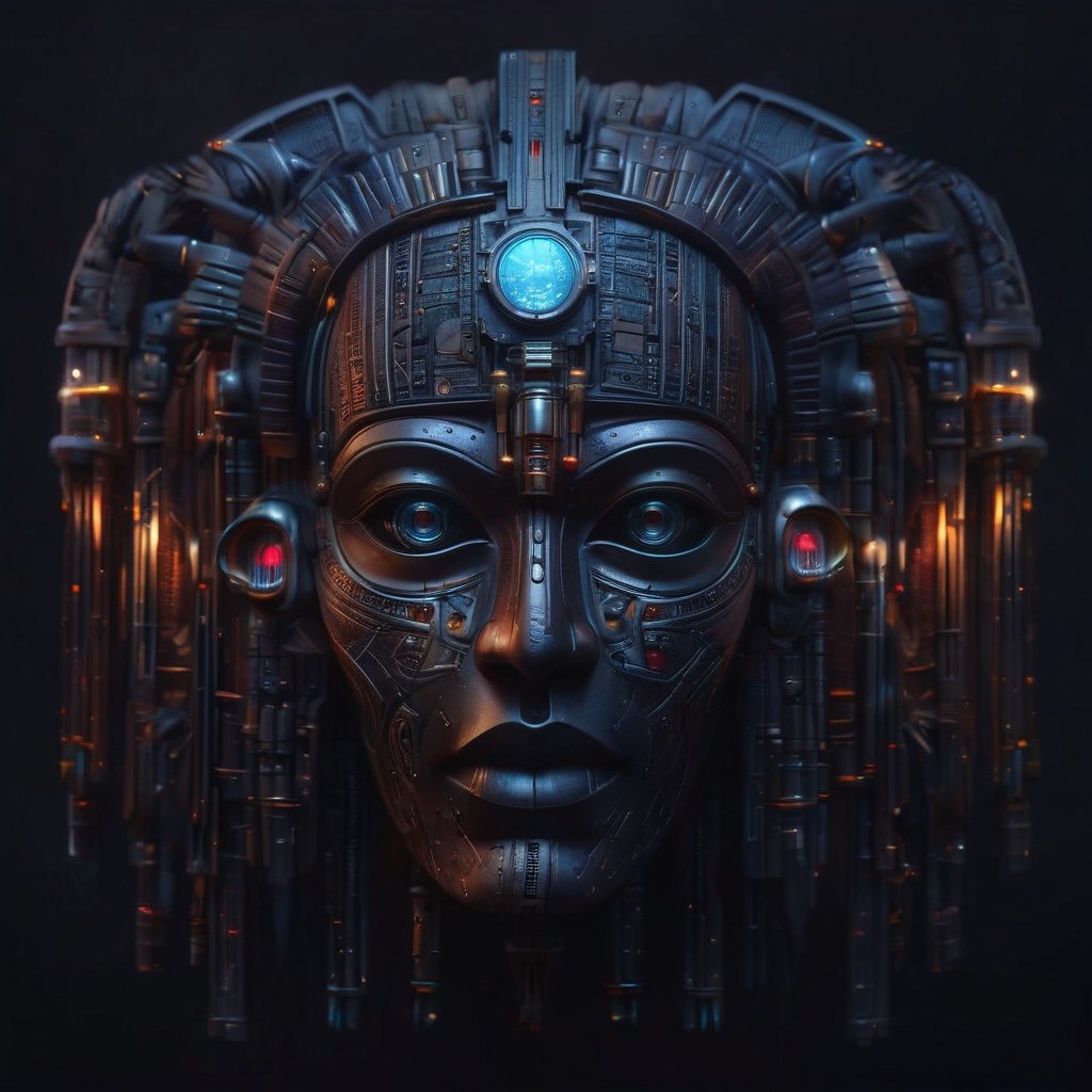 masterpiece hyperdetailed ,realistic , symmetrical cyberpunk Egyptian mask ((vm1)) ,glowing digital wires and tubes,glowing gems, detailed cybernetic brain, front facing simple background (even studio lighting) no shadows, 8k,vm1