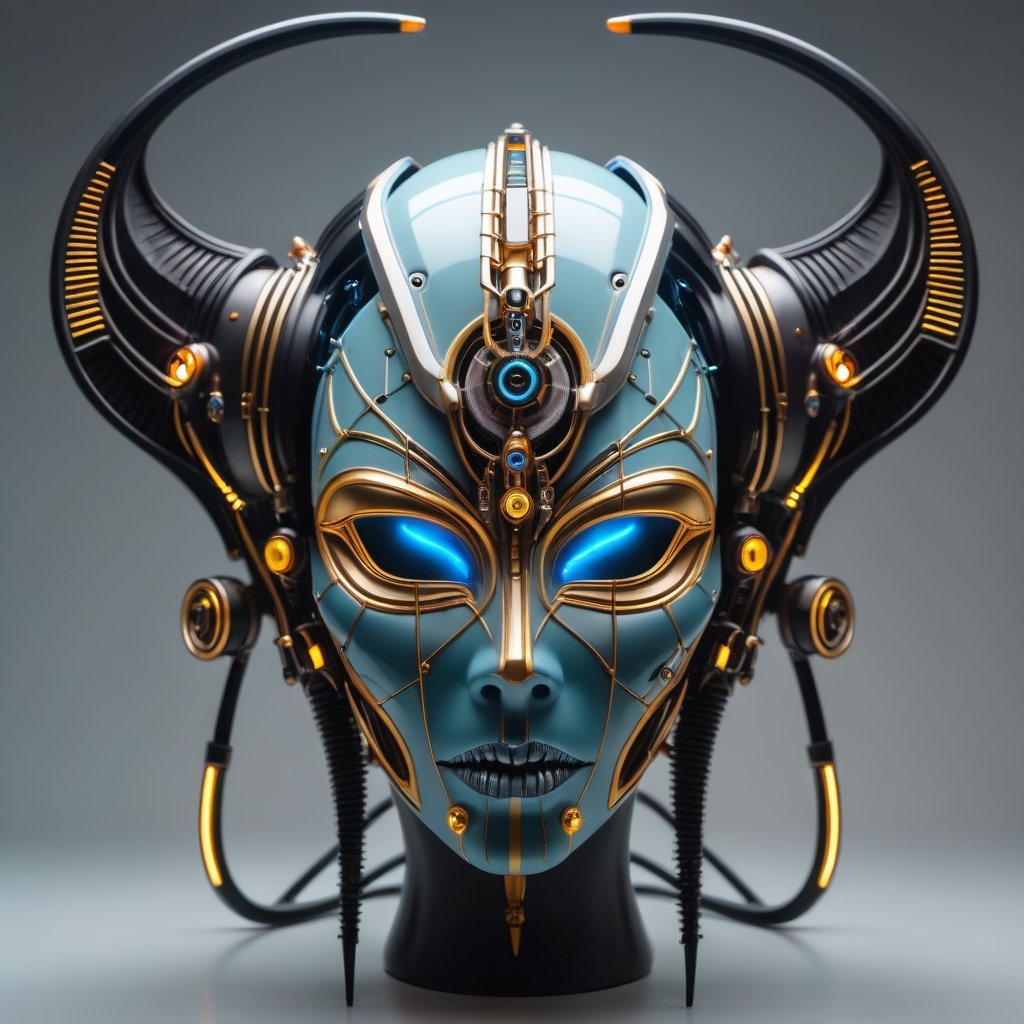 symmetrical cyberpunk death goddess Egyptian mask ((vm1)) ,digital wires and tubes, front facing simple background (even studio lighting) no shadows