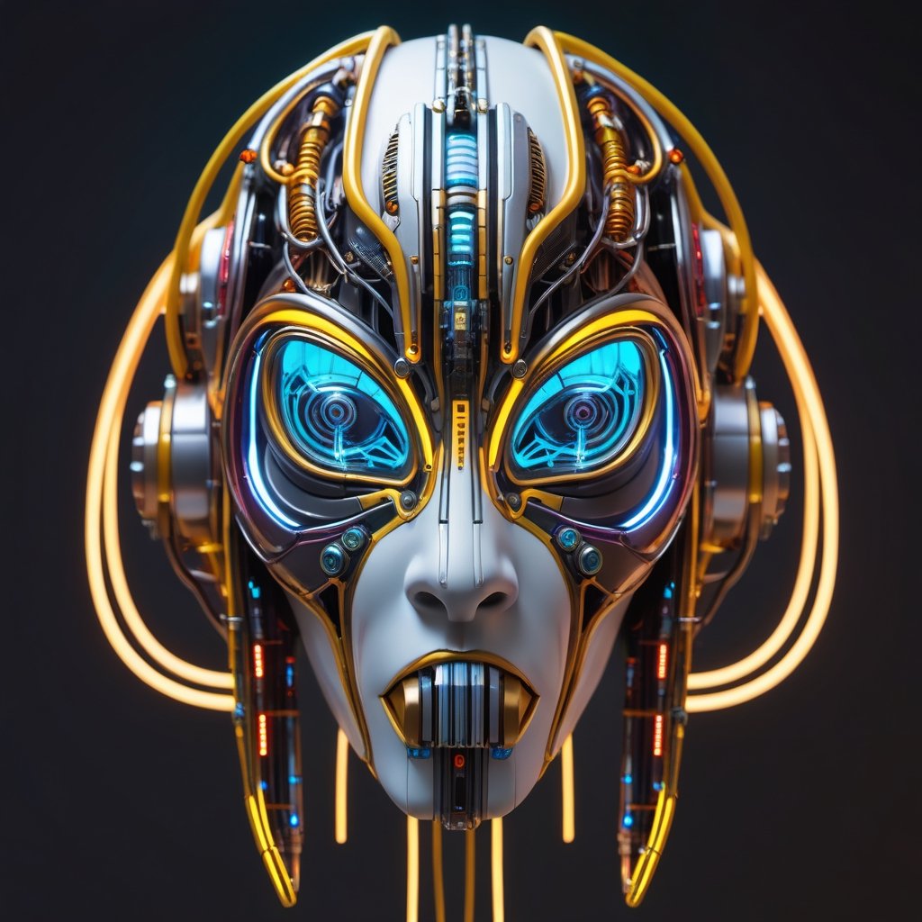 symmetrical cyberpunk Egyptian mask ((vm1)) ,digital wires and tubes, front facing simple background (even studio lighting) no shadows