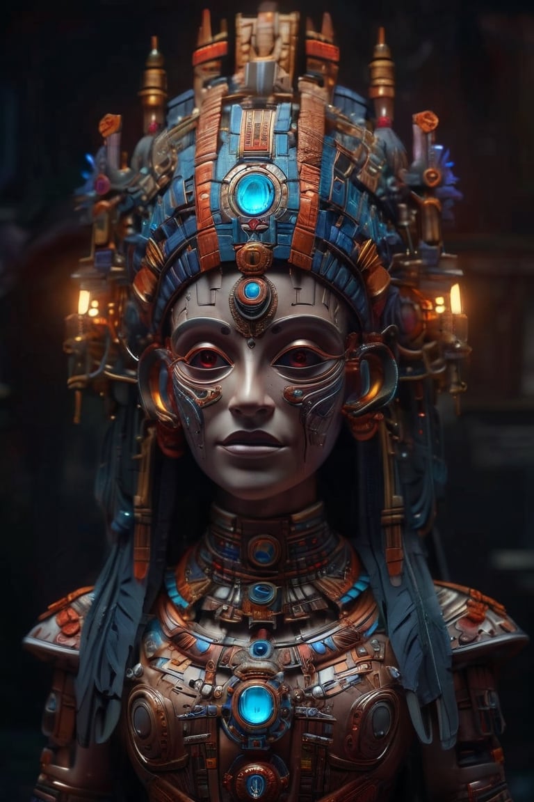 masterpiece hyperdetailed ,realistic ,ancient goddess full body, cyberpunk Aztec mask ((vm1)) ,glowing digital wires and tubes,glowing gems, detailed cybernetic brain, (even studio lighting) no shadows, 8k, Cinematic,volumetric lighting