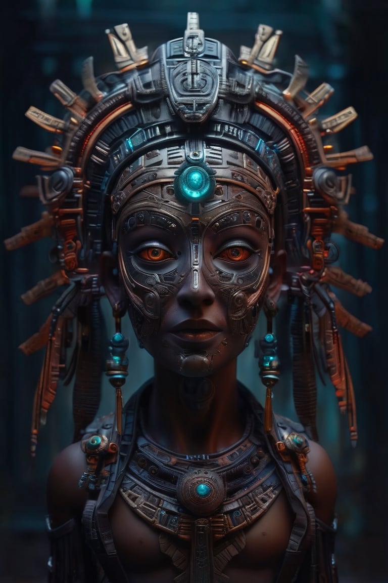 masterpiece hyperdetailed ,realistic ,ancient goddess full body, cyberpunk Aztec mask ((vm1)) ,glowing digital wires and tubes,glowing gems, glowing eyes, detailed cybernetic brain, (even studio lighting) no shadows, 8k, Cinematic,volumetric lighting,magic 