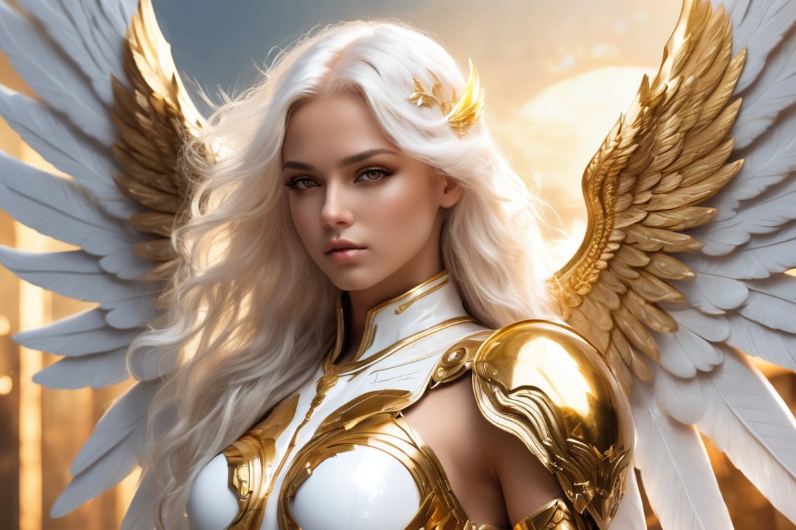 hot sexy female, angelic body, angelic face, gowing gold eyes, long wavy white and gold hair, futuristic science fiction guardian angel warrior, perfect angelic body, perfect angelic face, skimpy angelic armor, standing guard at the heavens pearly golden gates
