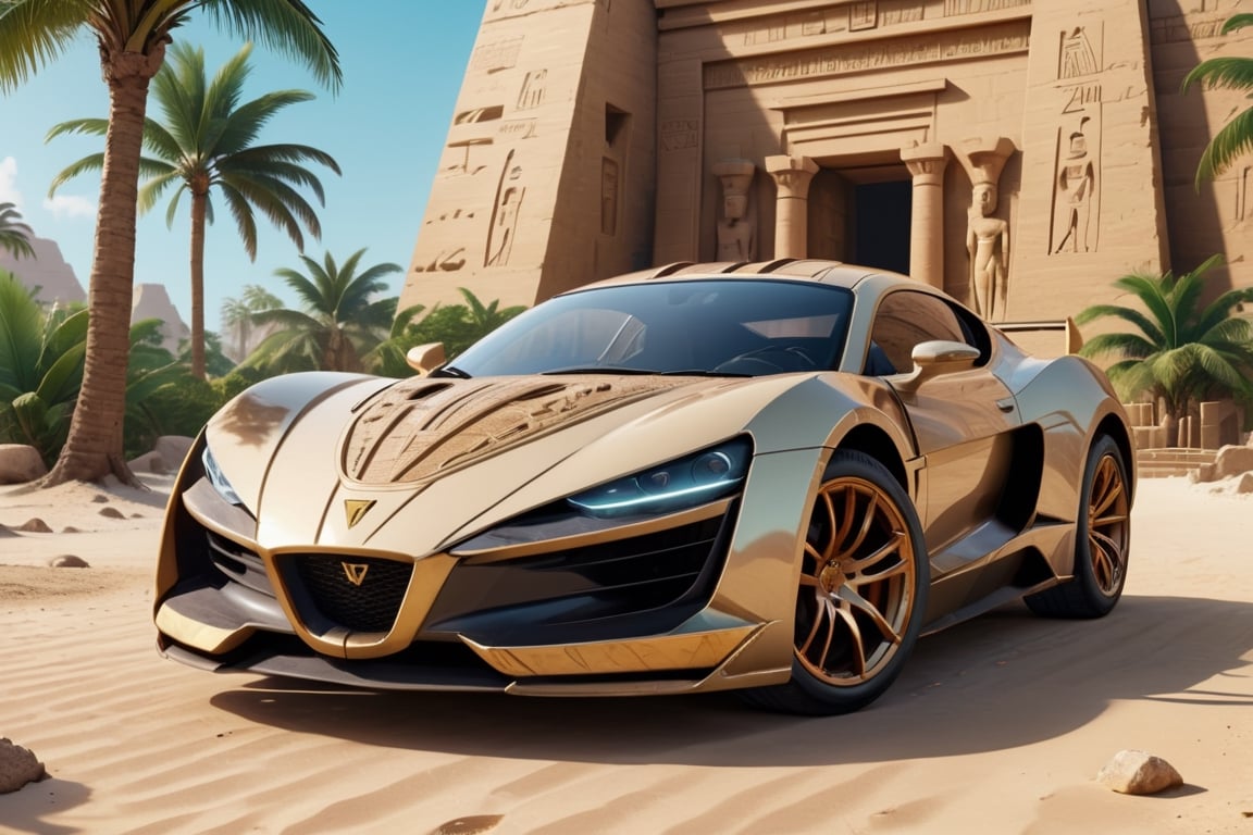 a super exotic luxury 2-door sports car shaped after an ancient egyptian horus god, tropical island background, exterior shot, ultra details, 4k, ultra realism