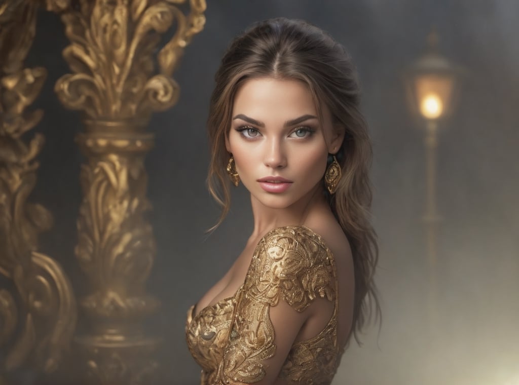 hot sexy female, pefect face, super realism, photo real, ornate gold background, outdoor lighting, glamour shot, make-up
