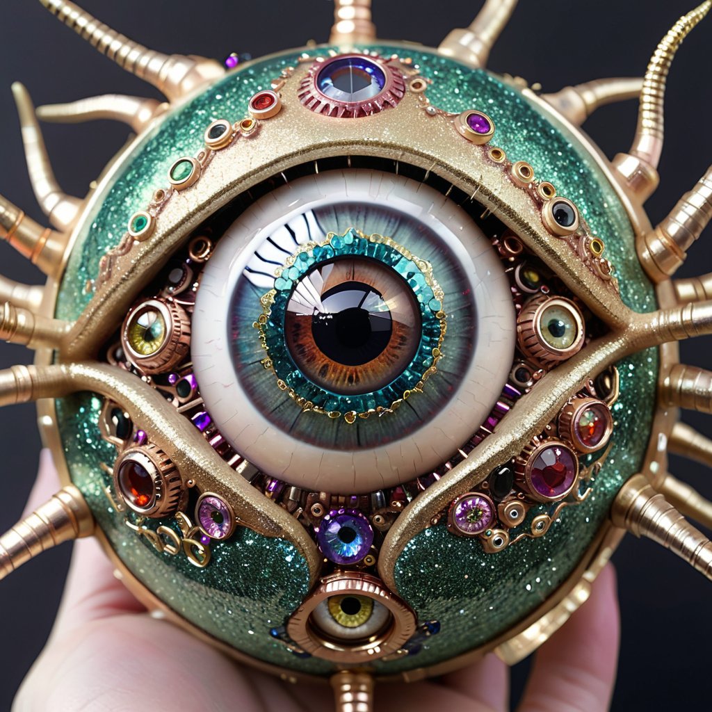 human eyeball creature made from glitter and gemstones, different colored metals, mechanical, organic, eye_focus