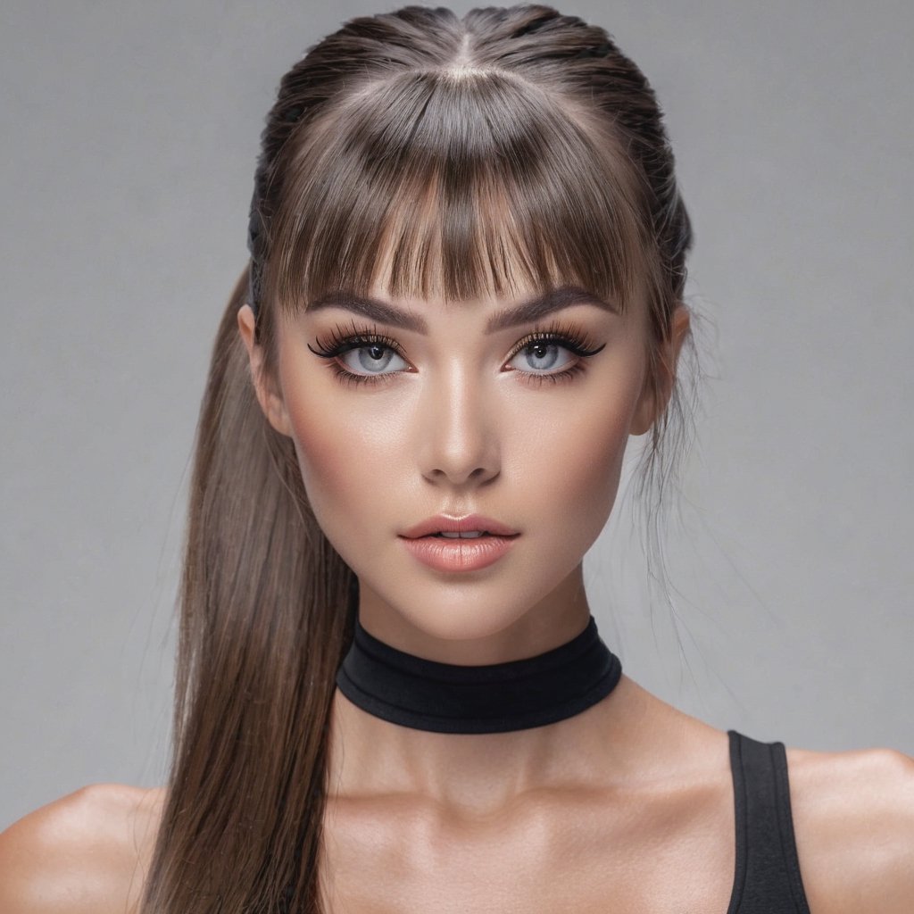 female made from the most beautiful women in the world,  long ponytail, long bangs, long lashes, modelshoot style, super realistic,  4k,  expert lighting,  perfect symmetry, Realism, Makeup, Face makeup,,,
