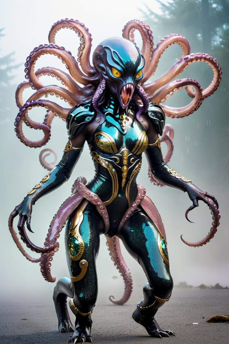 human female panther octopus hybrid predator creature made from glitter and gemstones, different colored metals, long feathered tentacles, fearsome, long sharp teeth, stalking you on a futuristic battlefield, fog, god rays, erie