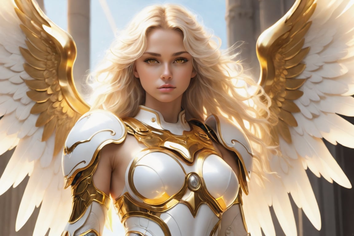 hot sexy female, angelic body, angelic face, gowing gold eyes, long wavy white and gold hair, futuristic science fiction guardian angel warrior, perfect angelic body, perfect angelic face, skimpy angelic armor, standing guard at the heavens pearly golden gates
