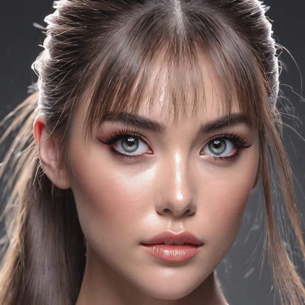 female made from the most beautiful women in the world,  long ponytail, long bangs, long lashes, modelshoot style, super realistic,  4k,  expert lighting,  perfect symmetry, Realism, Makeup, Face makeup,,,
