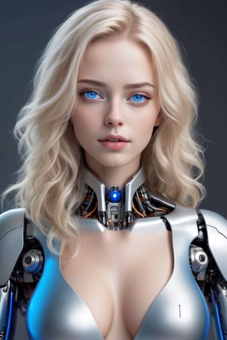 hot sexy female robot, human head, pefect face, super realism, photo real, show entire body in view, light blonde wavy hair, blue eyes
