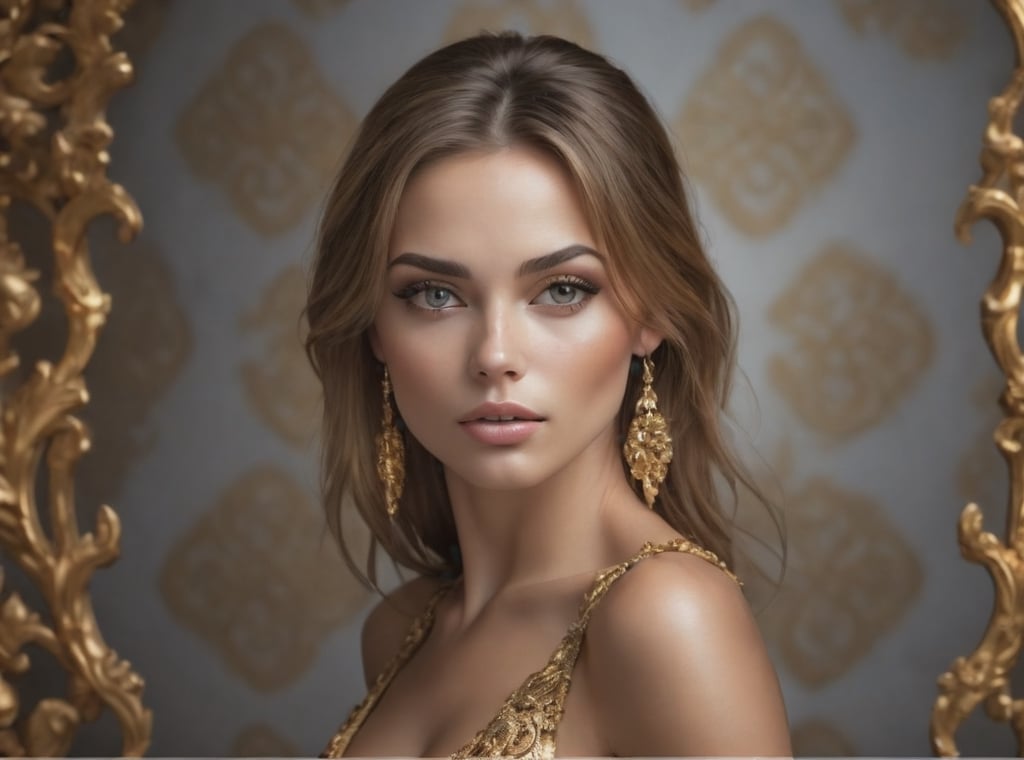 hot sexy female, pefect face, super realism, photo real, ornate gold background, outdoor lighting, glamour shot, make-up
