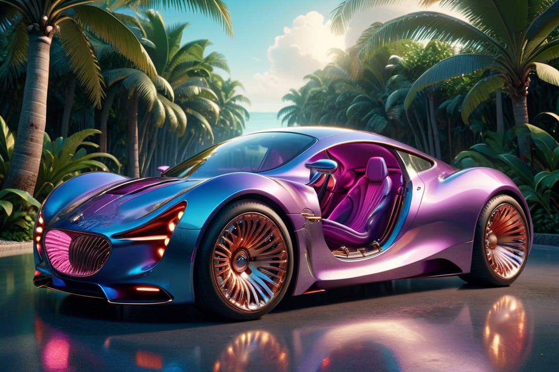 a super exotic luxury 2-door car designed after a womans curvy body, tropical island background, exterior shot, ultra details, 4k, ultra realism,futuristic, metal adorning, glowing color inside, hollow inside, glossy, ray tracing