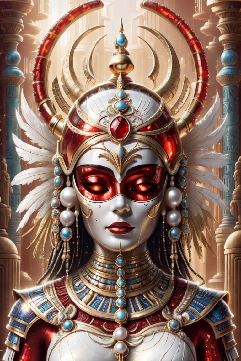 pearl white gold and chrome space helm covering face,  tribal patterns,  layered detail,  egyptian scarab beetle, ornate red glass detail,  egyptian temple background, , 
, Masterpiece
