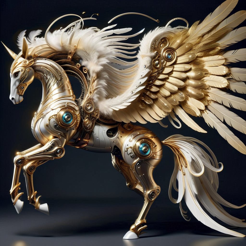 create a mystical horse hybrid creature with long flowing feather tentacles and head covered in feathers, gold art deco armor, gorgeous wings, fantasy magical image,futuristic