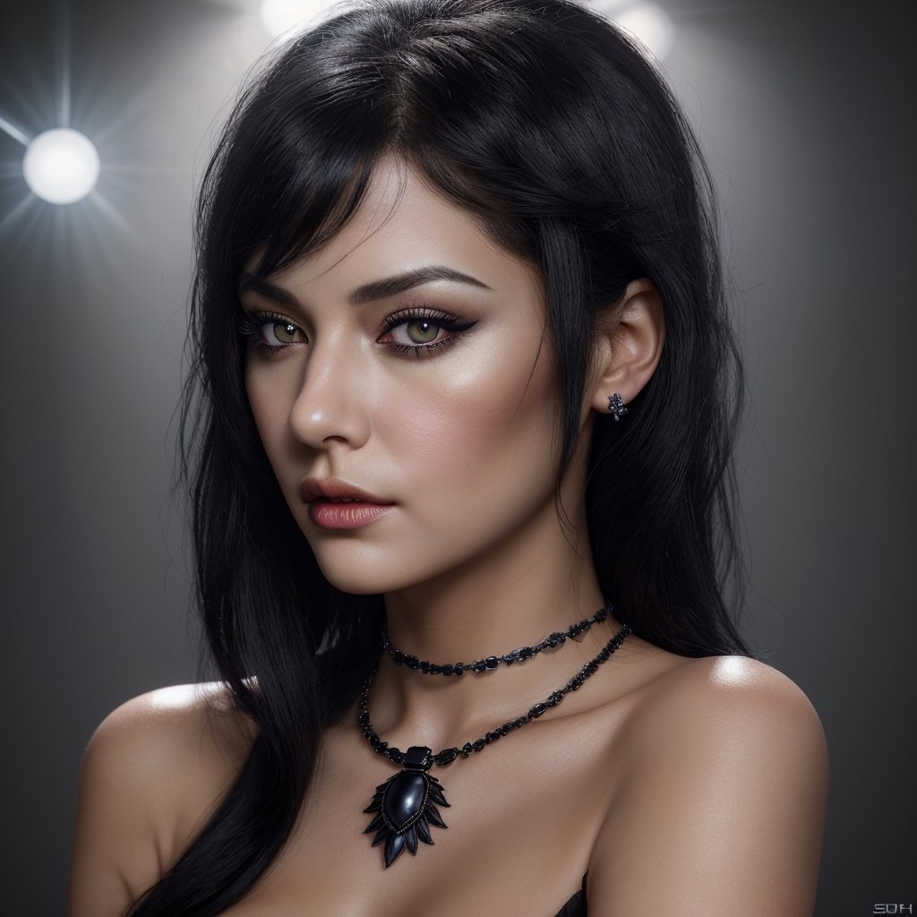 female made from the most beautiful women in the world,  grey eyes,  sexy raven black hair,  super detail,  super realistic,  4k,  expert lighting,  glamour shot,  perfect symetry,  jewelery, make-up
