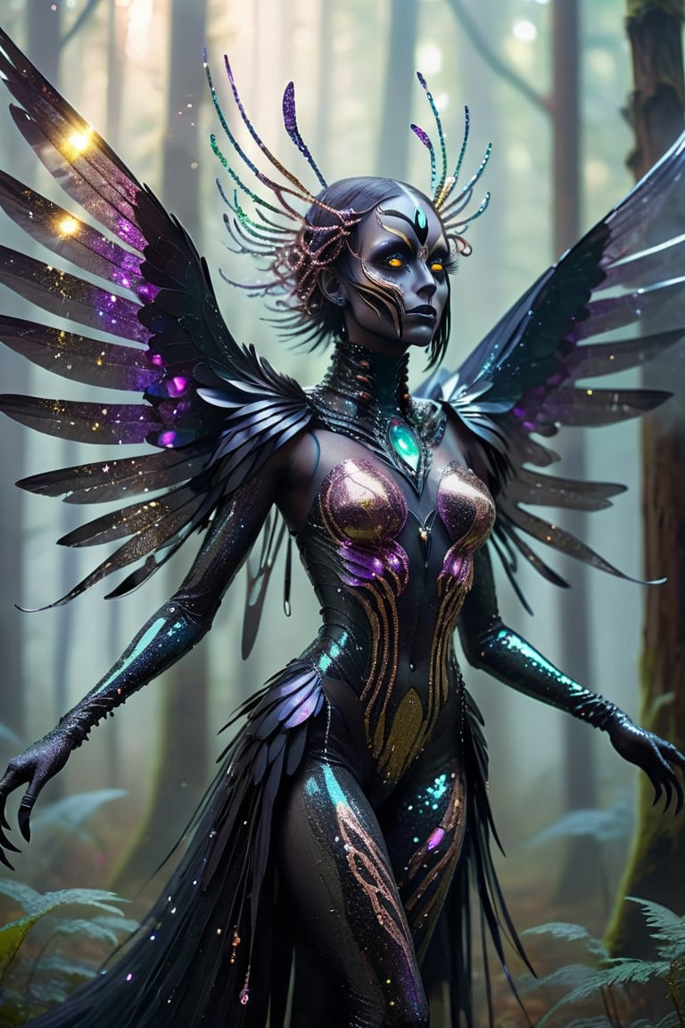 human female raven butterfly creature made from glitter and gemstones, different colored metals, long feathered tentacles, fearsome, long sharp teeth, stalking you on a futuristic lush forest, fog, god rays