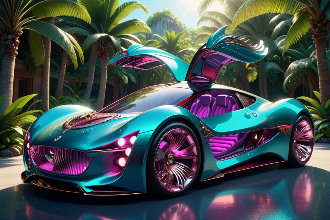 a super exotic luxury 2-door car designed after a womans curvy body, tropical island background, exterior shot, ultra details, 4k, ultra realism,futuristic, metal adorning, glowing color inside, hollow inside, glossy, ray tracing