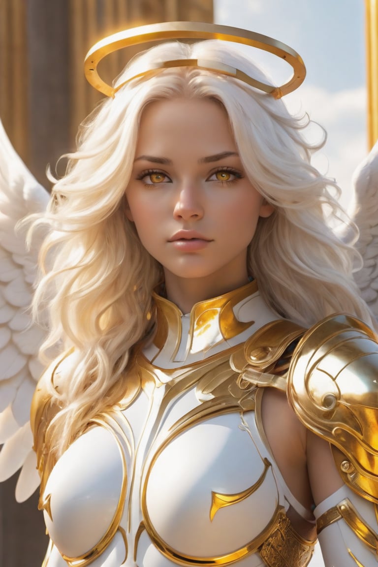 hot sexy female, angelic body, angelic face, gowing gold eyes, long wavy white and gold hair, futuristic science fiction guardian angel warrior, perfect angelic body, perfect angelic face, skimpy angelic armor, standing guard at the heavens pearly golden gates
