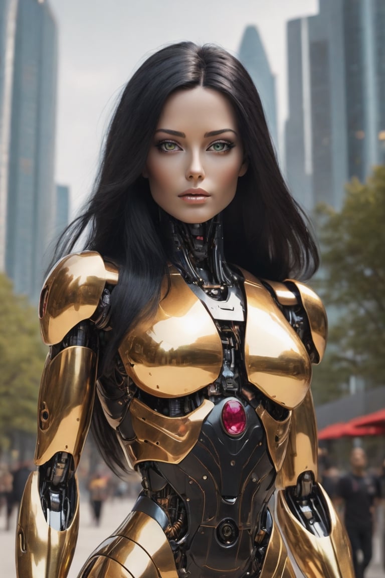 hot sexy female robot with gold and copper and rubies, long sexy black hair, human head, pefect face, super realism, photo real, walking down a futuristic fantasy city park
