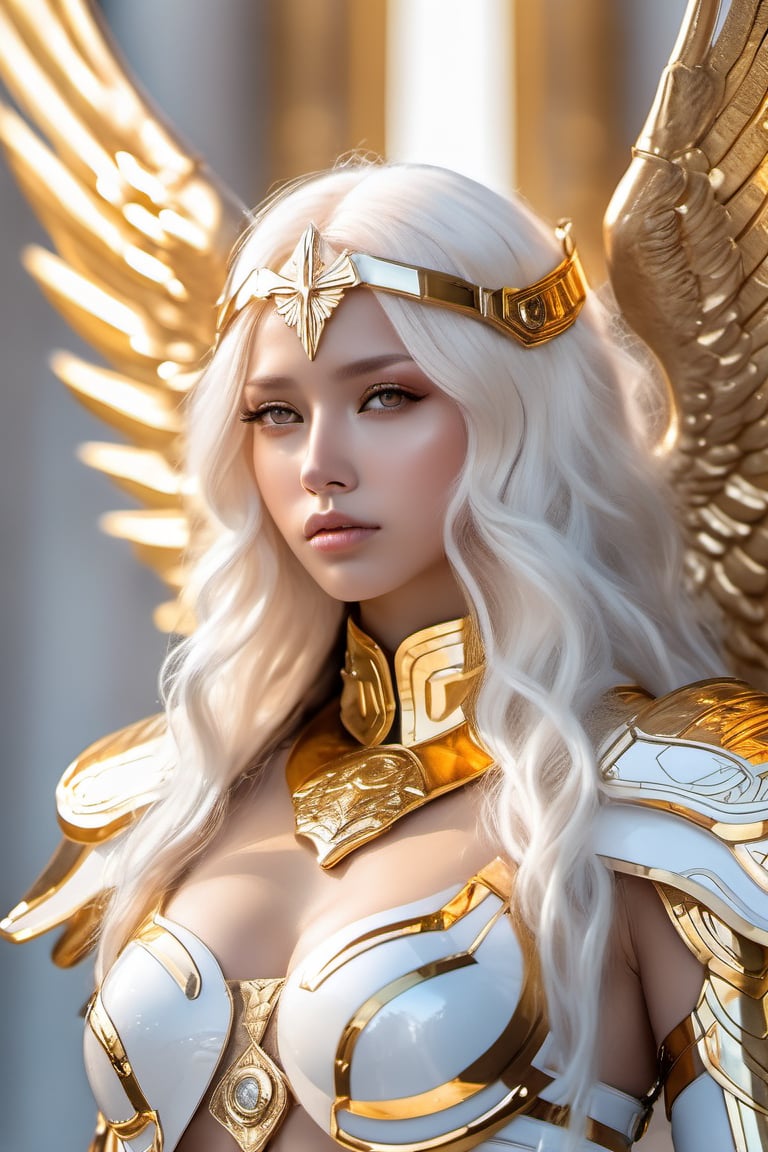 hot sexy female,, angelic body, angelic face, gowing gold eyes, long wavy white and gold hair, futuristic science fiction guardian angel warrior, perfect angelic body, perfect angelic face, skimpy angelic armor, standing guard at the heavens pearly golden gates
