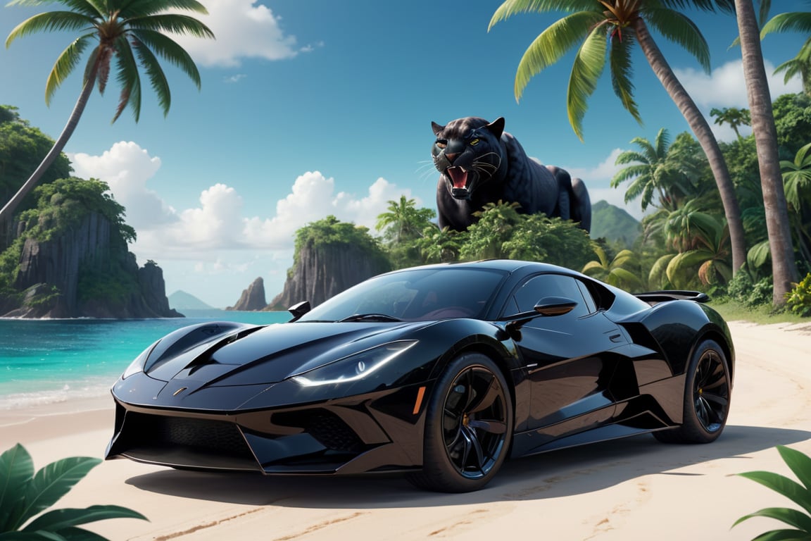 a super exotic luxury 2-door sports car shaped after the black panther, tropical island background, exterior shot, ultra details, 4k, ultra realism
