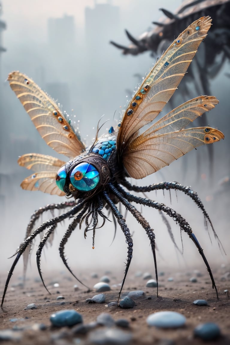 dragonfly spider peacock hybrid predator creature made from gemstones, tentacles, lots of eyes, fearsome, long sharp teeth, stalking you on a futuristic battlefield, fog