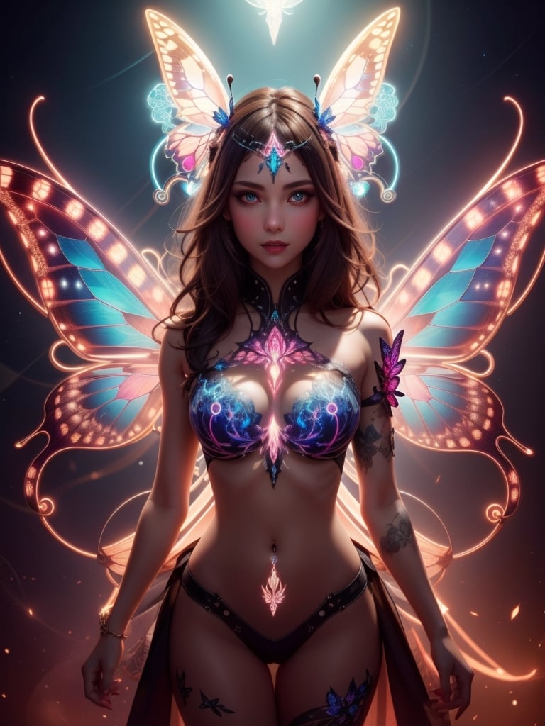 female body adorned in butterfly wings, fractal design, intracate, detailed, layered, beautiful, diamond lights