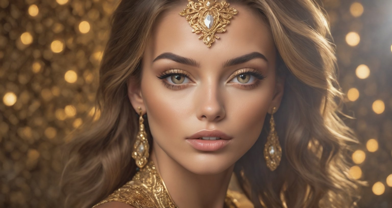 hot sexy female, pefect face, super realism, photo real, ornate gold background, outdoor lighting, glamour shot, make-up
