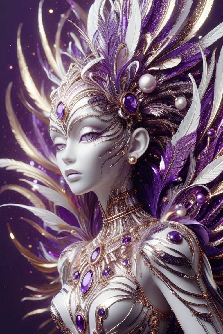 female, pearl white gold and chrome tribal patterns, layered detail, ornate purple glass detail, metal feathers, cosmic space background,, ,Masterpiece,futuristic, metal adorning,glossy,glowing color inside,ray tracing,glitter,shiny