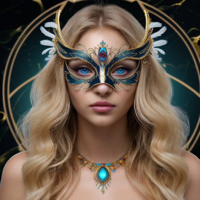 female made from the most beautiful women in the world, hot sexy, pefect face, perfect eyes,super realism, photo real, long light blonde wavy hair, cyan crystal eyes, raven masquerade mask, feathers, silk, super detail, super realistic, 4k, expert lighting, glamour shot, perfect symetry, jewelery, make-up, metallic blue and gold marble background, 