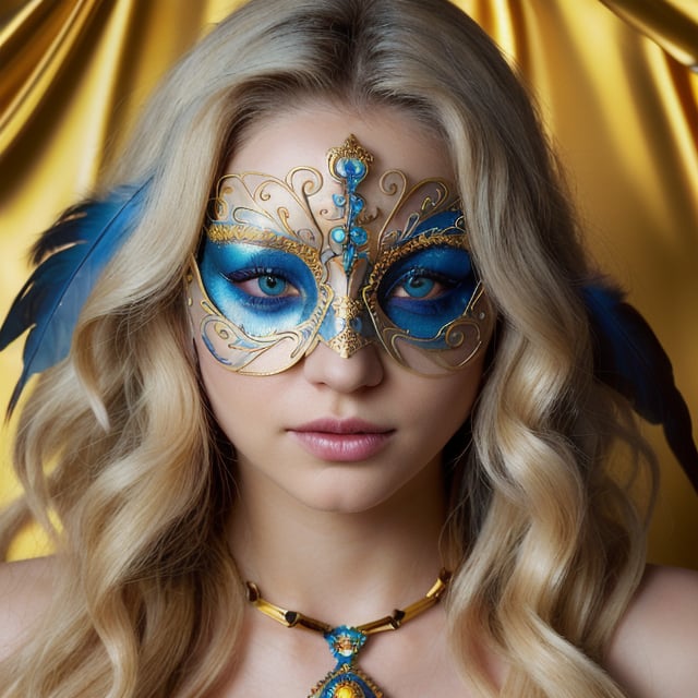 female made from the most beautiful women in the world, hot sexy, pefect face, perfect eyes,super realism, photo real, long light blonde wavy hair, cyan crystal eyes, raven masquerade mask, feathers, silk, super detail, super realistic, 4k, expert lighting, glamour shot, perfect symetry, jewelery, make-up, metallic blue and gold marble background, 