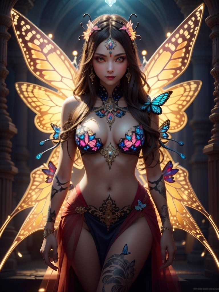 female body adorned in butterfly wings, fractal design, intracate, ornate, detailed, layered, beautiful, diamond lights
