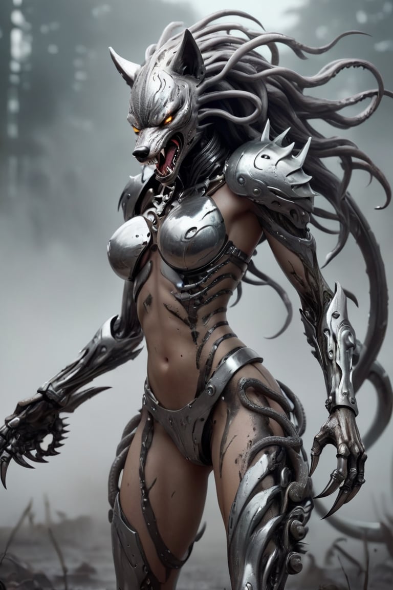 human female warrior wolf hybrid predator creature made from liquid metal, tentacles, fearsome, long sharp teeth, stalking you on a futuristic battlefield, fog,girl