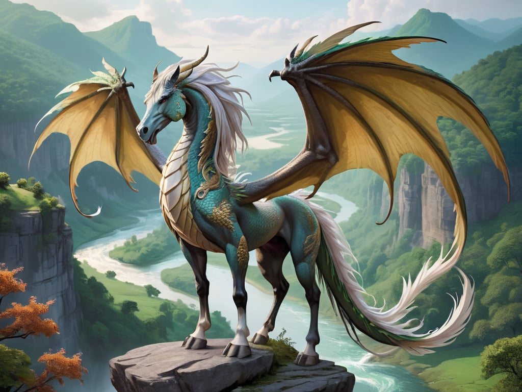 eastern dragon horse creature, long flowing feathered horse main and tail, standing regal on top of a rock overlooking a lush fantasy valley below with a river, large spread eastern dragon wings