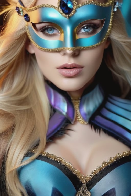 female made from the most beautiful women in the world, hot sexy, pefect face, perfect eyes,super realism, photo real, long light blonde wavy hair, cyan crystal eyes, raven masquerade mask, feathers, silk, super detail, super realistic, 4k, expert lighting, glamour shot, perfect symetry, jewelery, make-up, metallic blue and gold marble background, ,Masterpiece