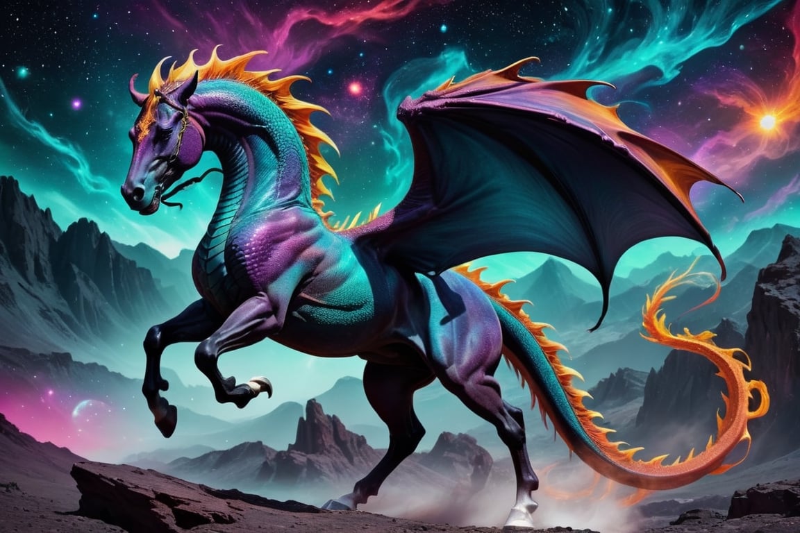 horse dragon blend,  ultra fantasy cosmic background,  super contrasting oolors, mean looking, menacing