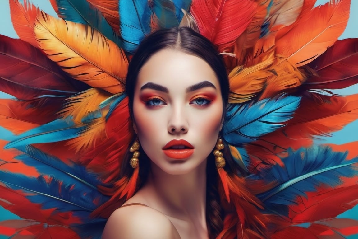 retrato en 8k del rostro una hermosa chica mulata, estilo indigena brasileña, insinuante, salvage, fuerte, contundente, con coca muy lleno y de colores fuertes y vibrantes, ambiente florestal, mucha luz, carnaval, animales tropicales al rededor, pajaros volando, movimento, fotografía digital intrincada, elegante, muy detallada, big eyelashs ,ultra detallado, hermoso y estético, obra maestra, mejor calidadmajestuosa, arte de vogue, modelo, gustav klimit, surrealista, mirando al espectador, labios entreabiertos, gruesos,  clavícula, ojos azules grandes y brillantes, pespañas largas, mucha luz en sus pelos lateral  labios transparentes, rojos, pestañas llamativas con mucho volumen,  fondo esfocado bokeh suave,  colores vivos, romanticismo, por james jean, roby dwi antono, ross tran, francis bacon, michal mraz, adrian ghenie, petra cortright, gerhard richter, takato yamamoto, ashley wood, atmosférico, 