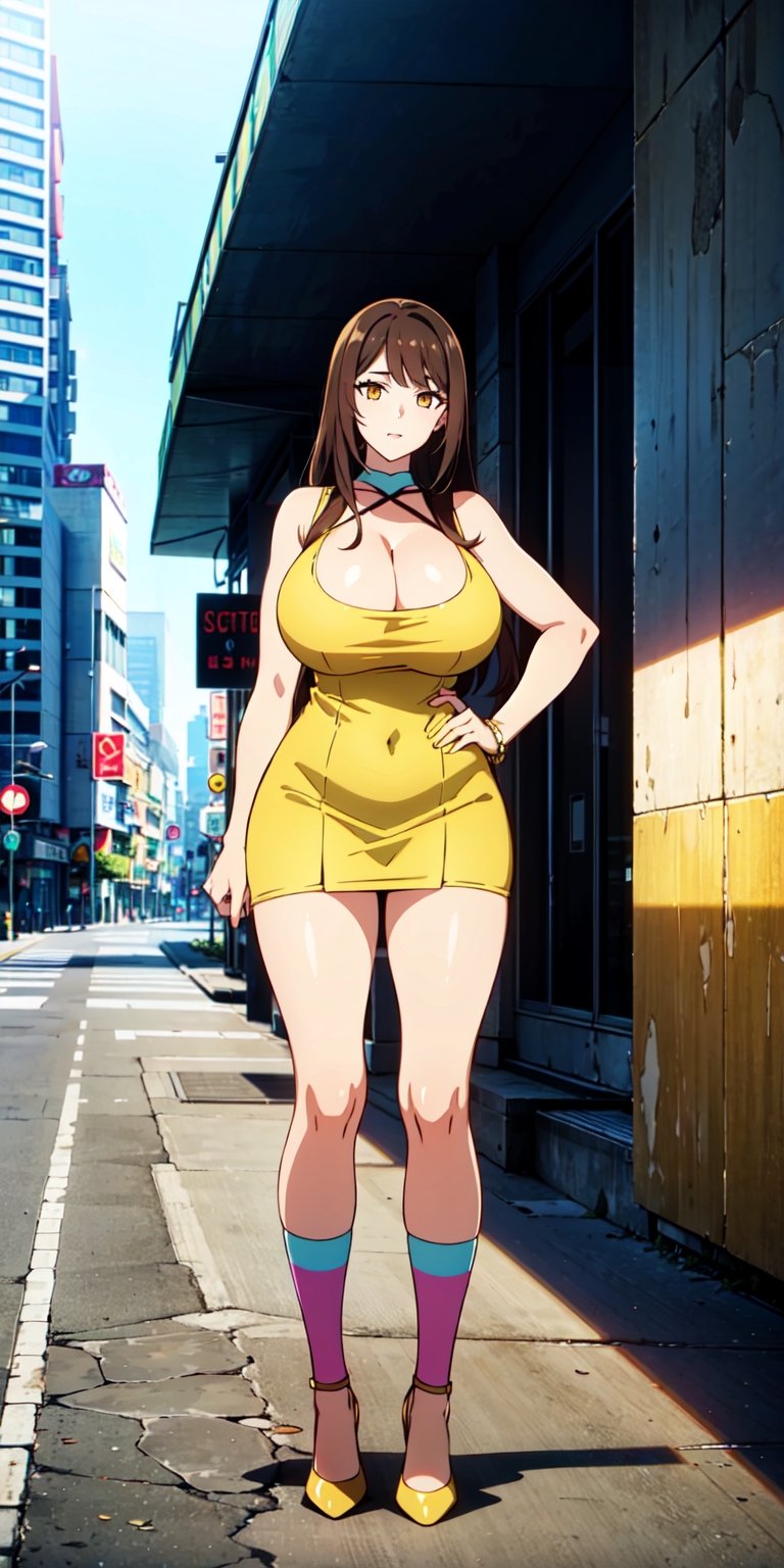 Female character, light brown hair, large cleavage, ((huge breasts)), standing in the middle of the street, looking at the viewer, large buildings in the background, sexy, high definition, prominent lighting, contrasting with the bright colors of the painting, ((yellow short dress)), ((yellow high heels)), long legs, long hair, bright brown eyes, highly detailed, octane rendering, heavy strokes, bristle marks, soft colors, fit girl, sexy legs, full view, ((full body))