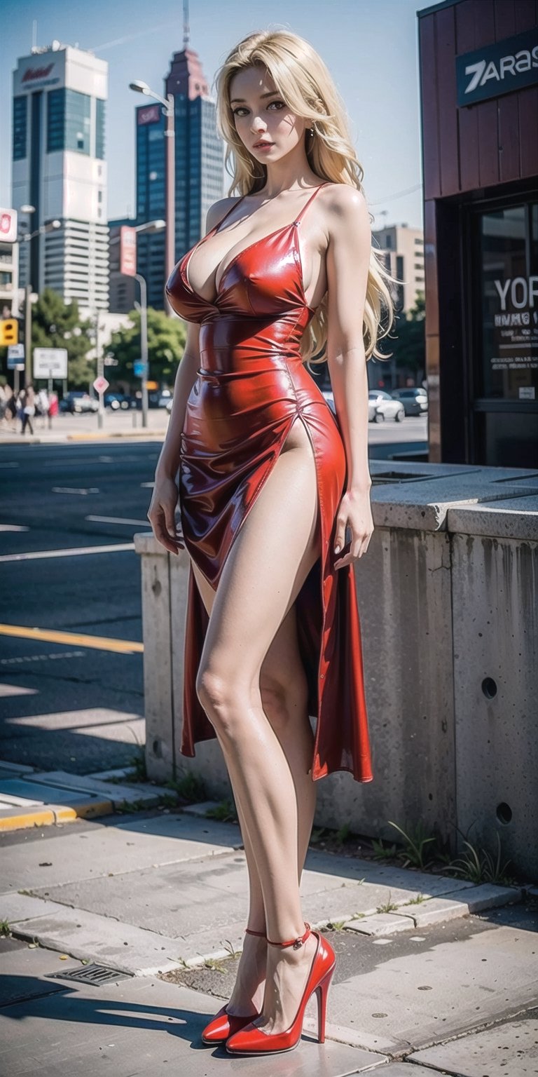 Female character, blonde hair, big cleavage, ((huge breasts)), standing in the middle of the street, looking at the viewer, large buildings in the background, sexy, high definition, prominent lighting, contrasting with the bright colors of the painting, (( red short dress)), ((red high heels)), long legs, long hair, bright green eyes, highly detailed, octane rendering, heavy strokes, bristle marks, soft colors, fit girl, sexy legs, full view, ((full body ))