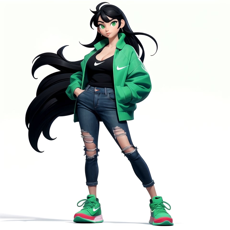 From the front, looking at the viewer, full body, green eyes, (black hair), cleavage, giant breasts, (green university jacket), ripped jeans, (green Nike sneakers), hands in pockets, (white background: 1.2) , (simple background), | 3DMM